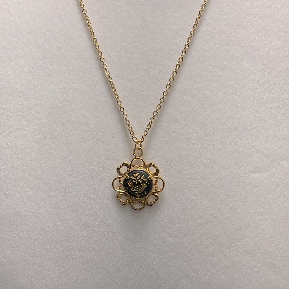 GP Damascus Inlay Bird Pendant Necklace, GP 18” Chain.